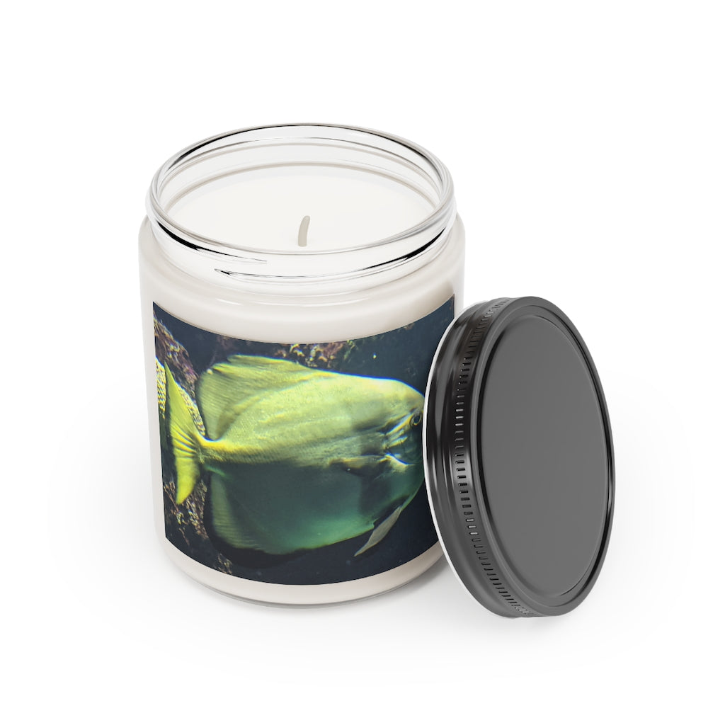 Green Fish Scented Candle in a glass container, showcasing its elegant design and vibrant label.