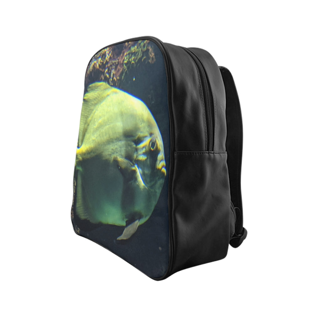 Green Fish School Backpack featuring a unique fish print design, padded back, and multiple inside pockets.