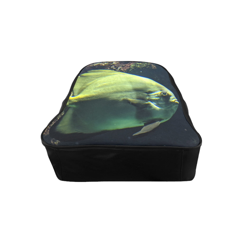 Green Fish School Backpack featuring a unique fish print design, padded back, and multiple inside pockets.