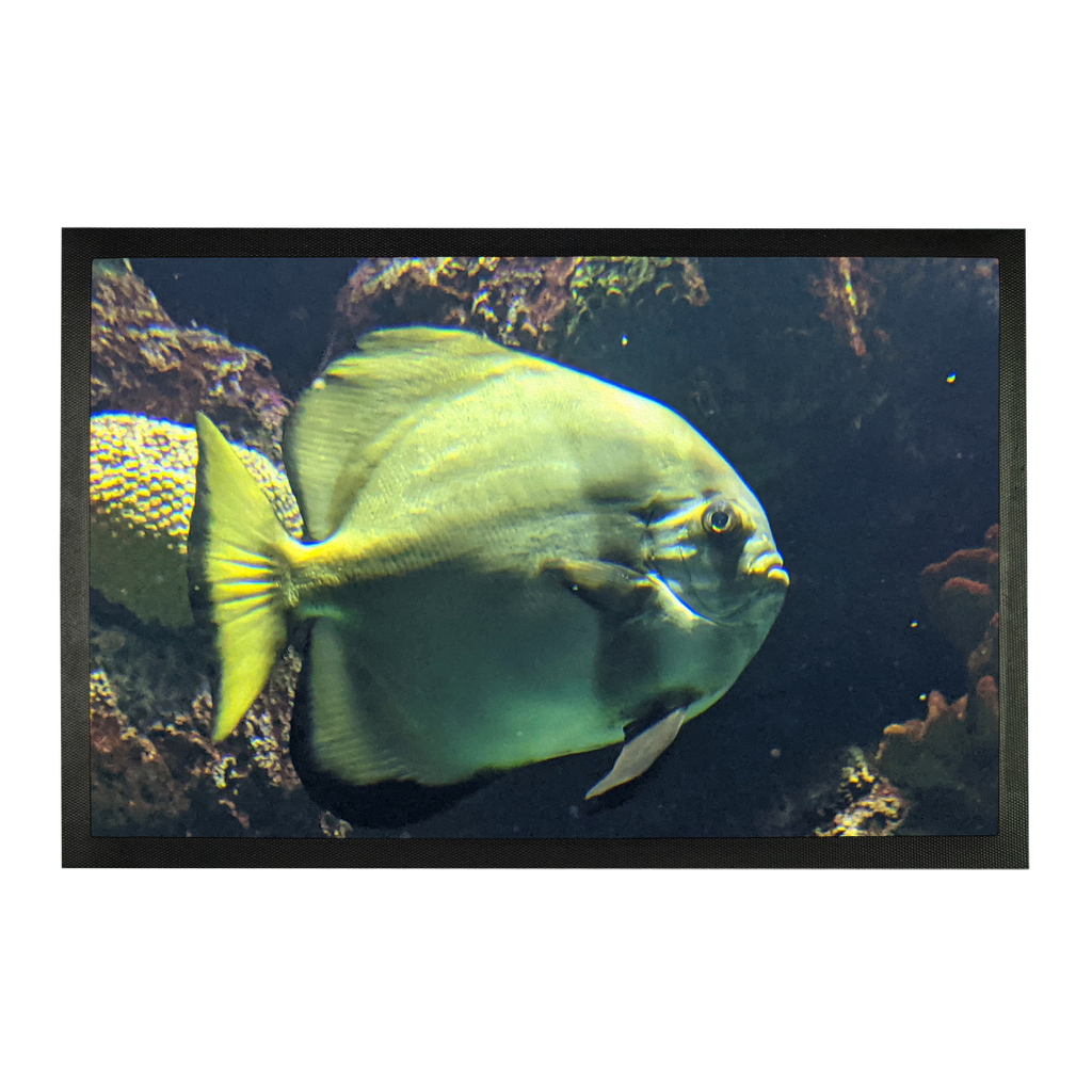 Green Fish Sublimation Doormat featuring a vibrant fish design on a durable rubber base, ideal for home entryways.