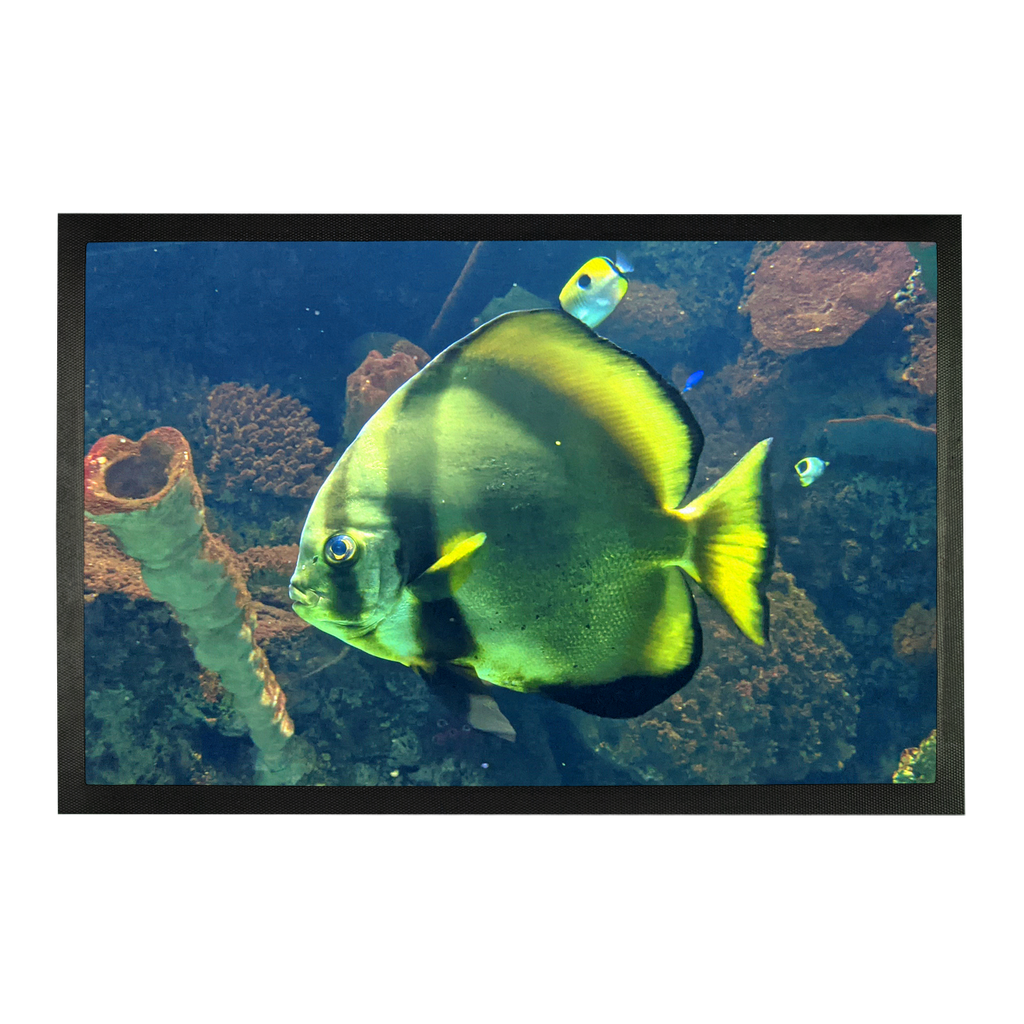 Green Fish Sublimation Doormat featuring a vibrant fish design on a durable rubber base, perfect for home entryways.
