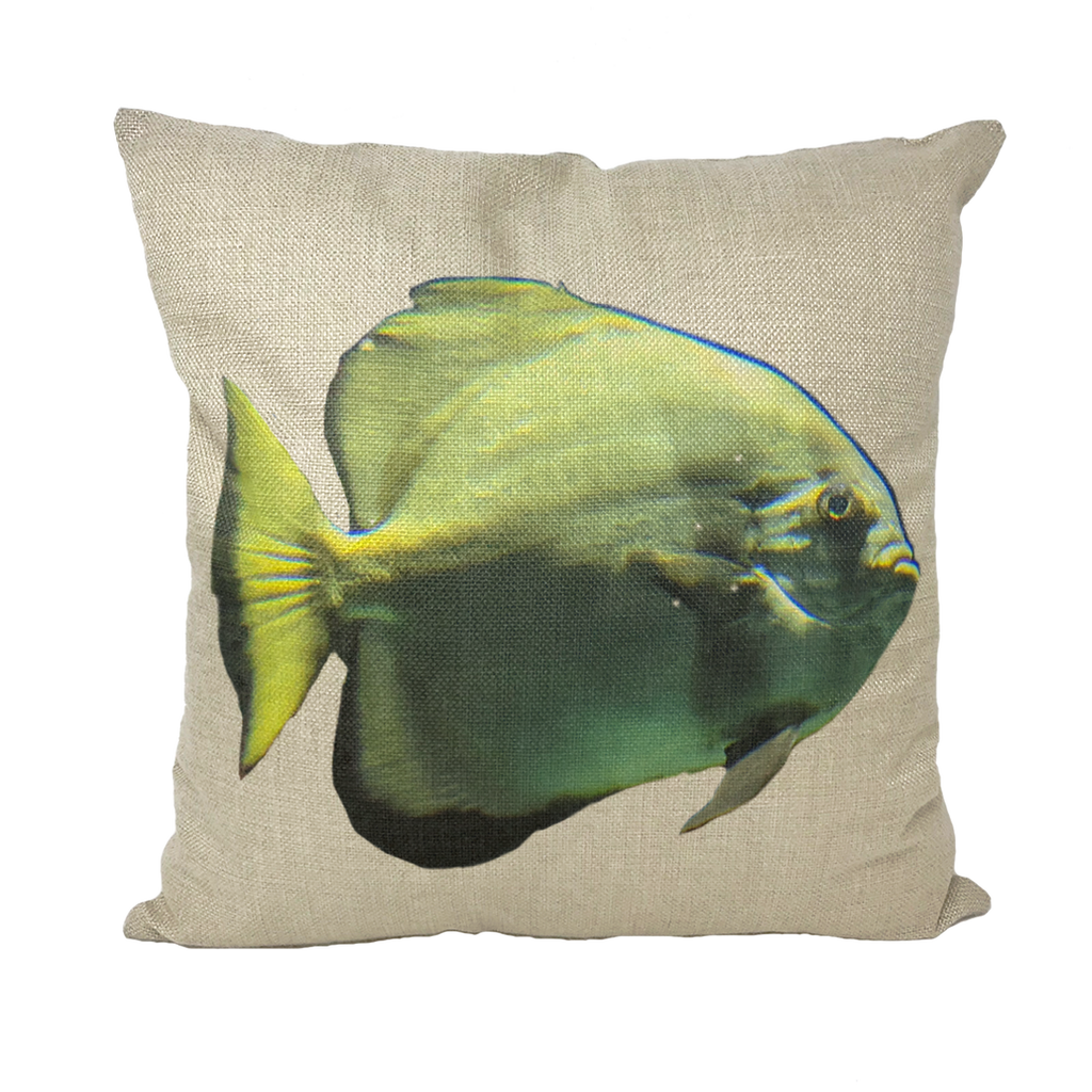 Green Fish Throw Pillows showcasing vibrant fish designs on soft polyester fabric, perfect for home decor.