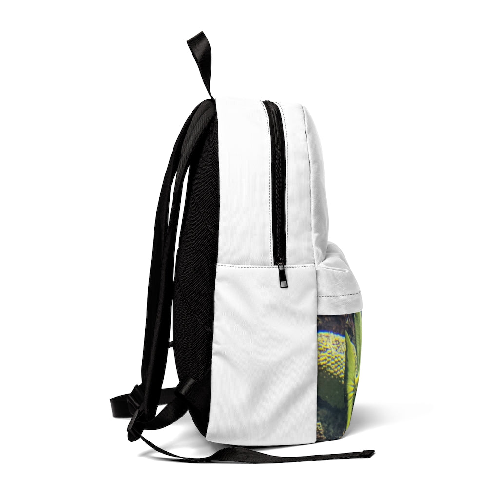 Green Fish Unisex Classic Backpack showcasing its durable nylon material and adjustable straps, perfect for school and travel.