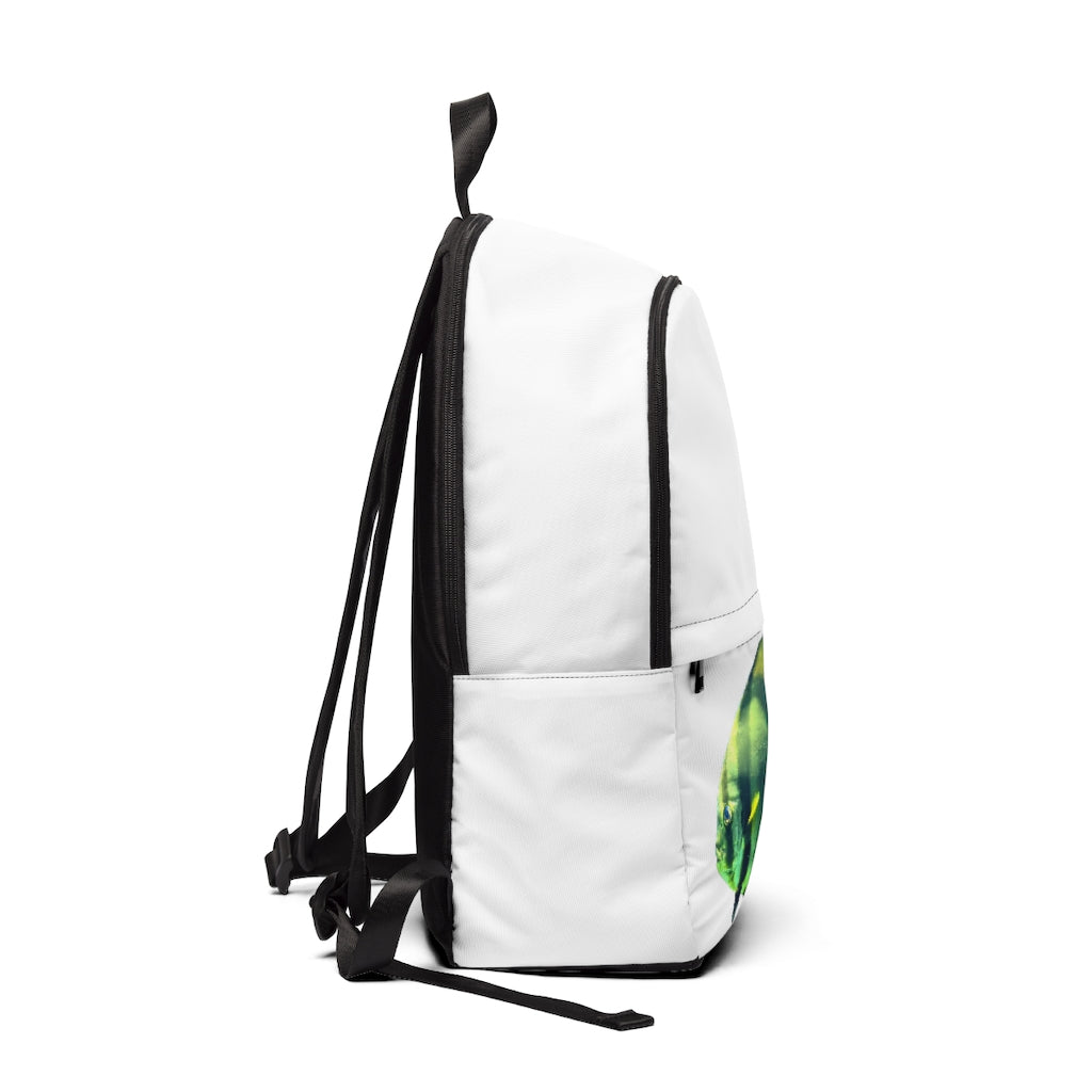 Green Fish Unisex Fabric Backpack showcasing its stylish design, adjustable straps, and waterproof material.