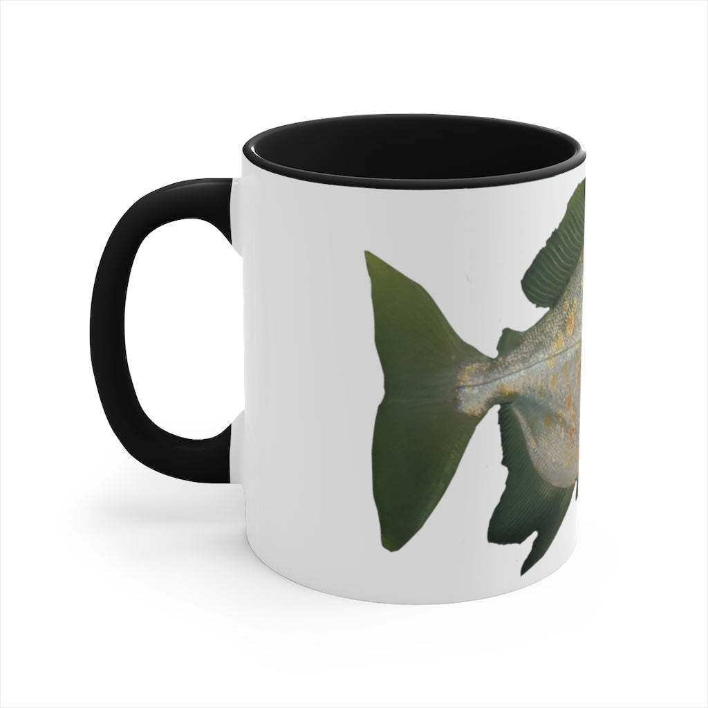 A vibrant green fish accent coffee mug with a comfortable C-handle and contrasting interior, perfect for enjoying beverages.
