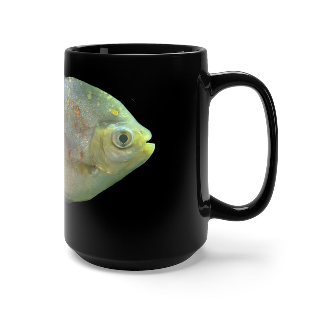 A stylish black ceramic mug featuring a green fish with specs design, perfect for coffee and tea lovers, holding 15oz of your favorite beverage.