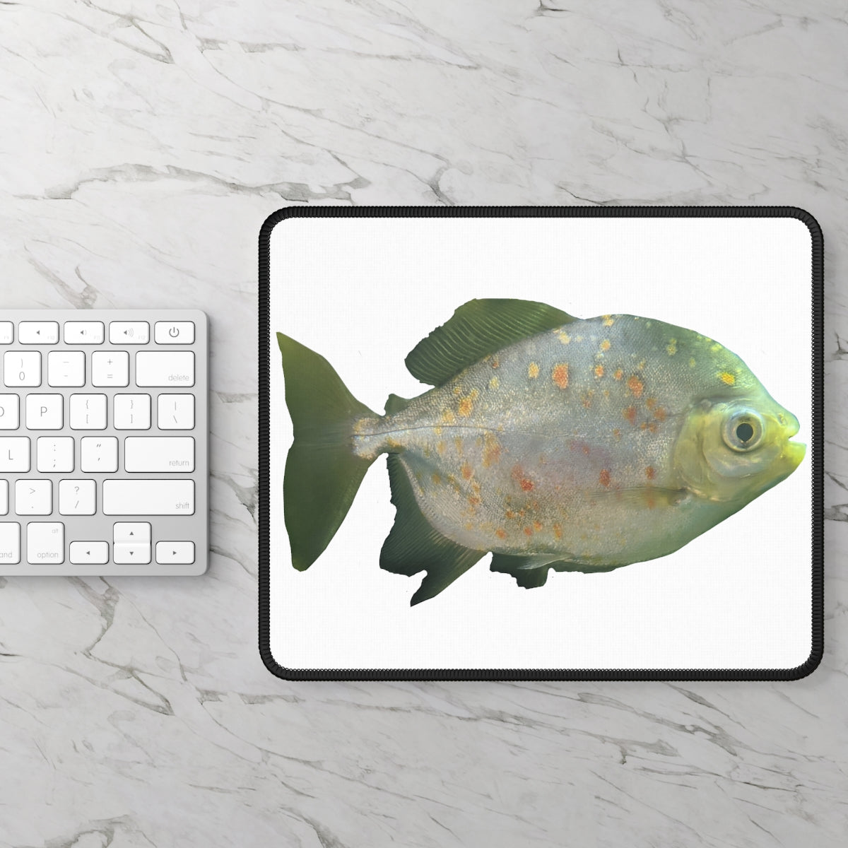 Green Fish with Specs Gaming Mouse Pad featuring vibrant colors and stitched edges, perfect for gaming and office use.