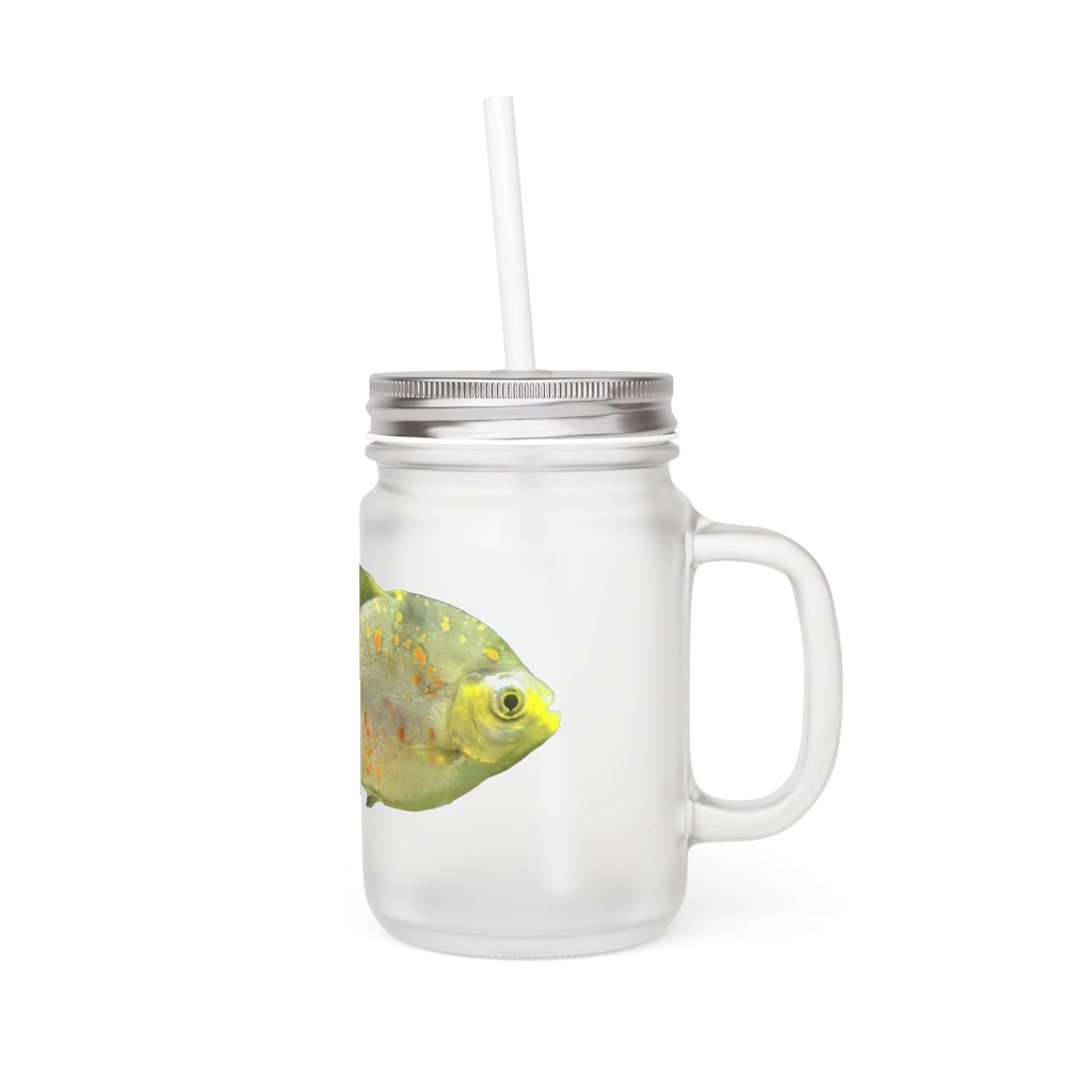 A stylish Green Fish with Specs Mason Jar made of frosted glass, featuring a straw and lid, perfect for personalized drinks.