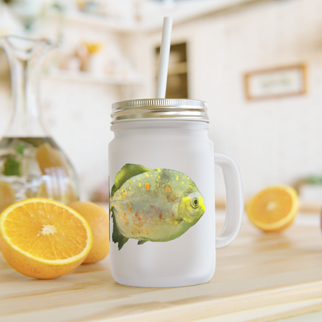 A stylish Green Fish with Specs Mason Jar made of frosted glass, featuring a straw and lid, perfect for personalized drinks.