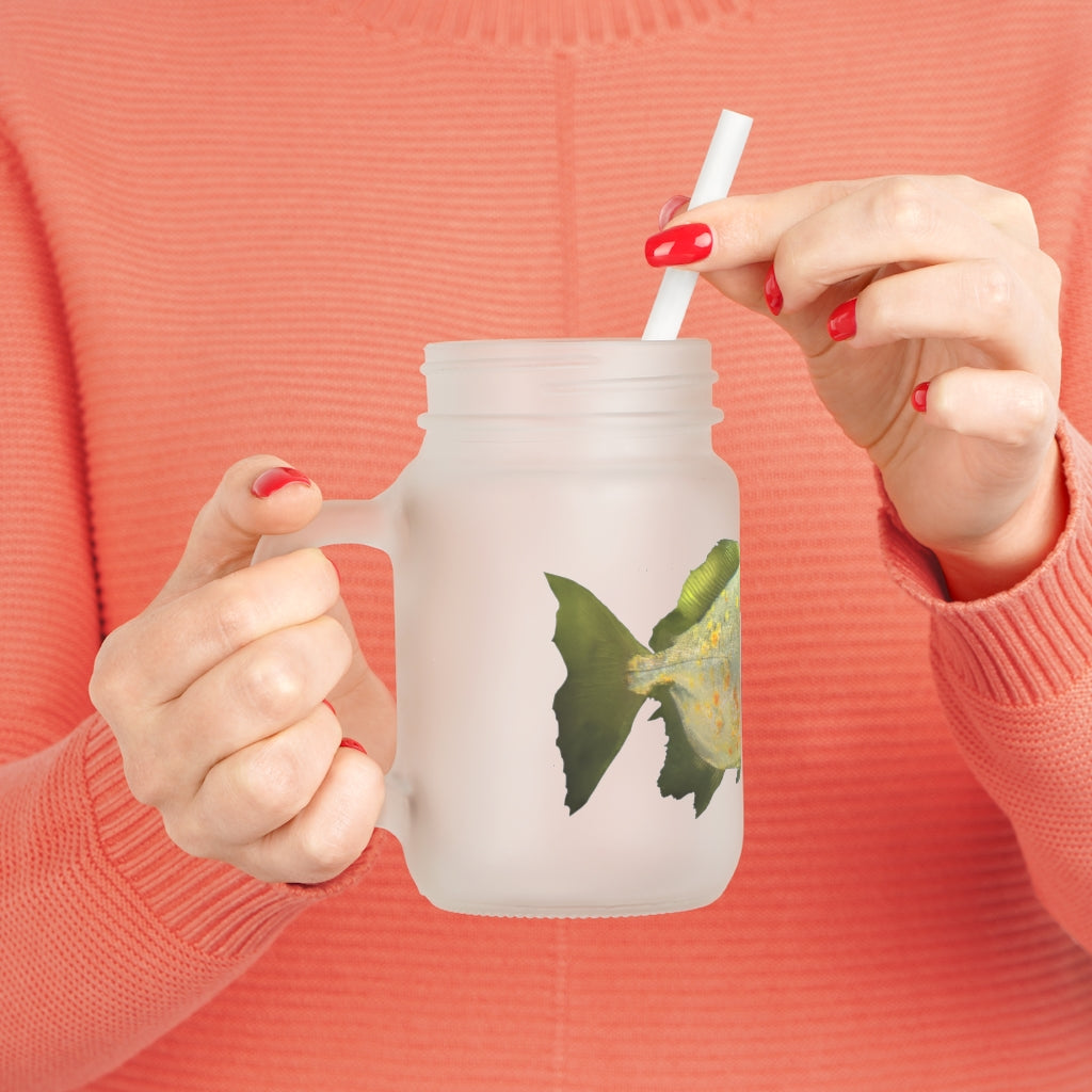 A stylish Green Fish with Specs Mason Jar made of frosted glass, featuring a straw and lid, perfect for personalized drinks.