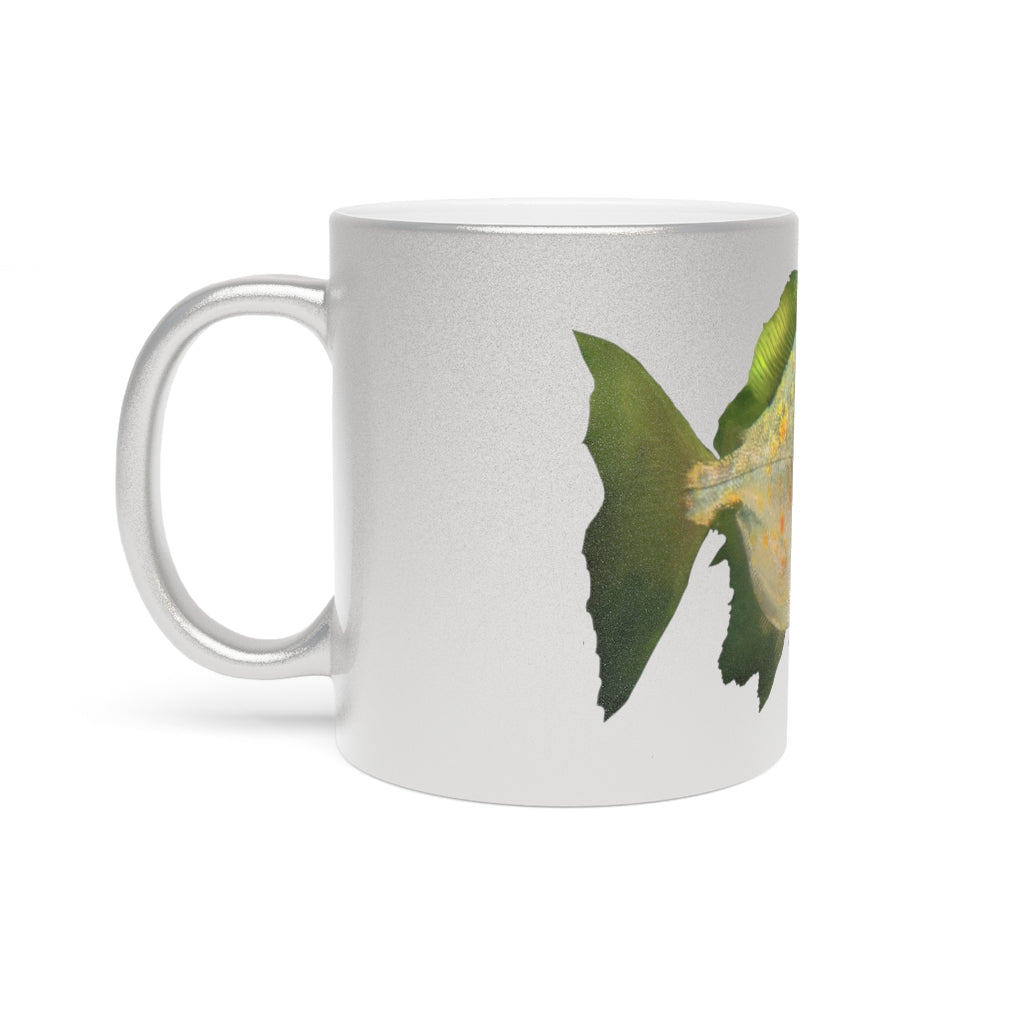A stylish Green Fish with Specs Metallic Mug featuring a shiny Gold or Silver coating, perfect for personalized designs.