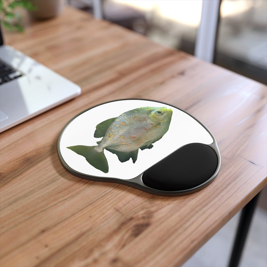 Green Fish Mouse Pad with ergonomic Memory Foam wrist rest, featuring a vibrant design and foot-shaped base.
