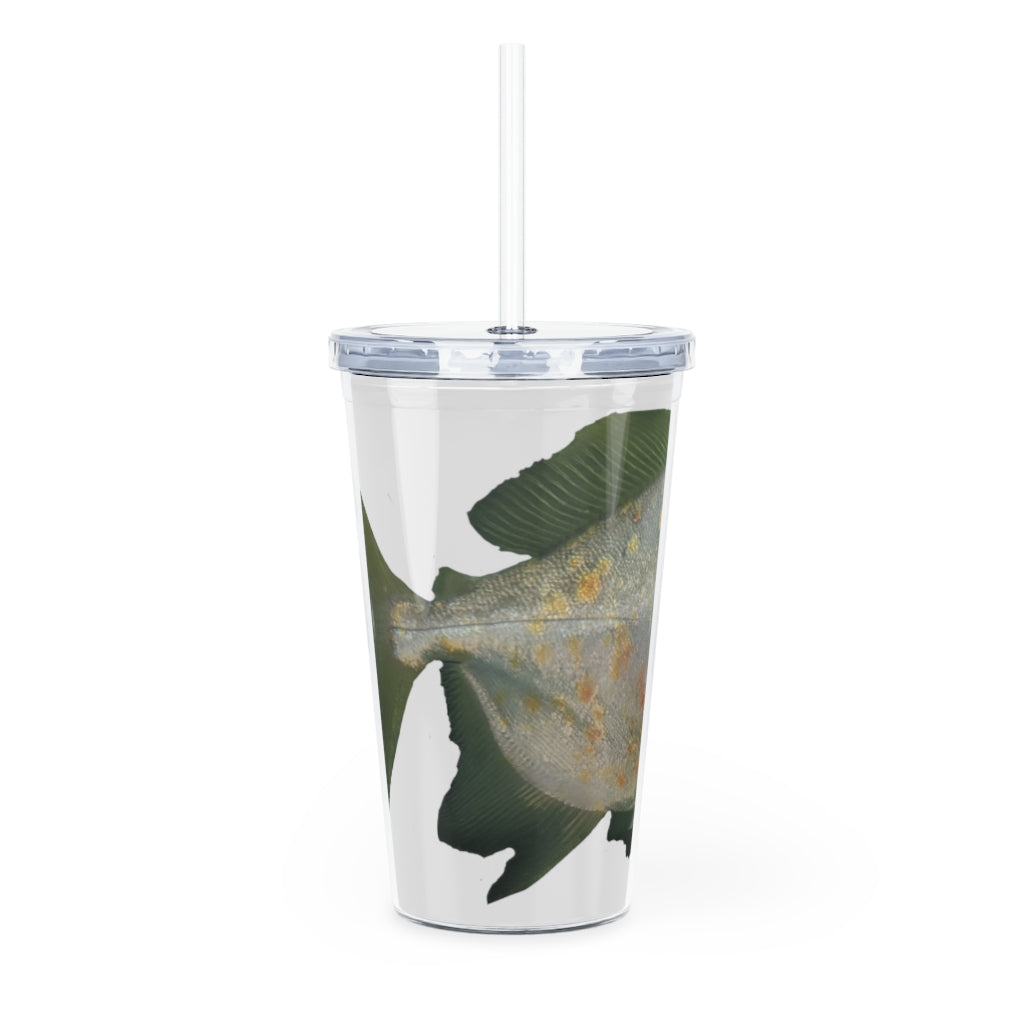 Green Fish Plastic Tumbler with Straw, featuring a vibrant design and a convenient lid and straw for easy drinking.