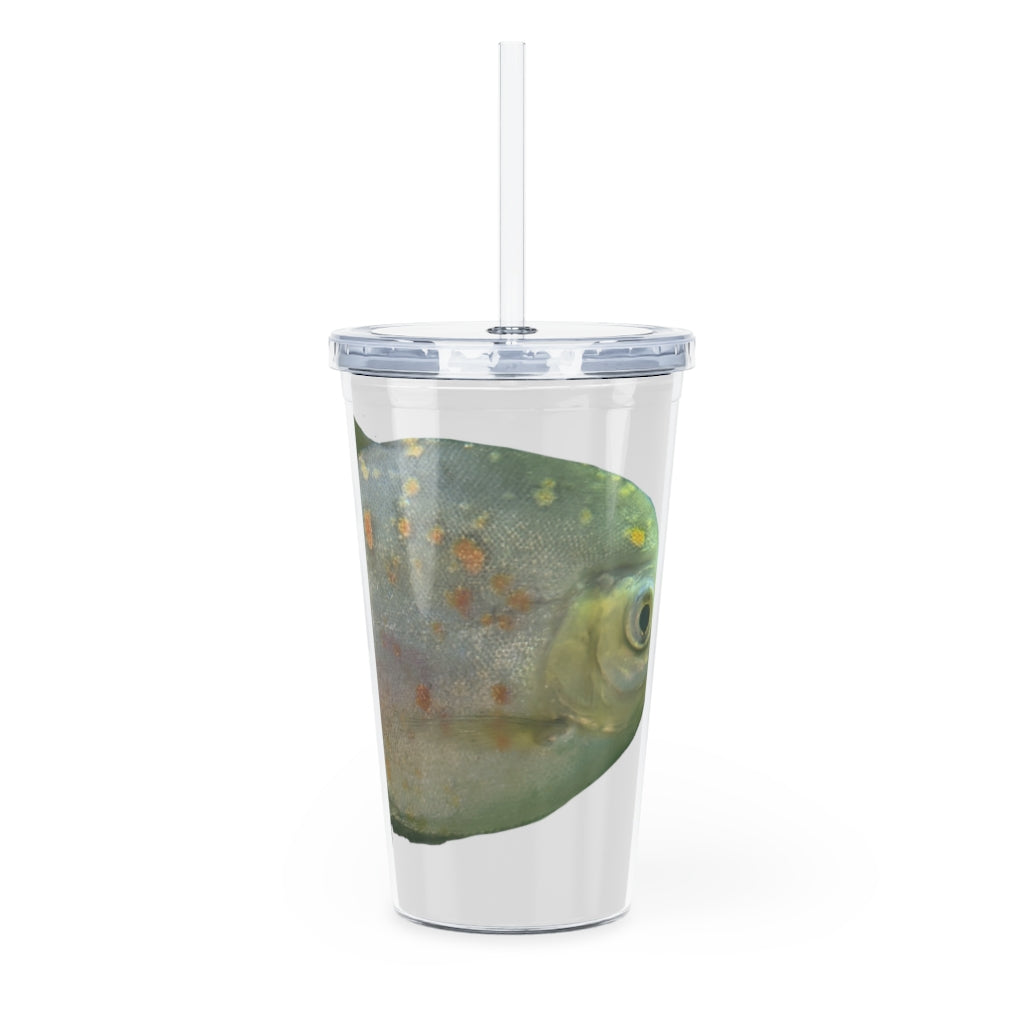 Green Fish Plastic Tumbler with Straw, featuring a vibrant design and a convenient lid and straw for easy drinking.
