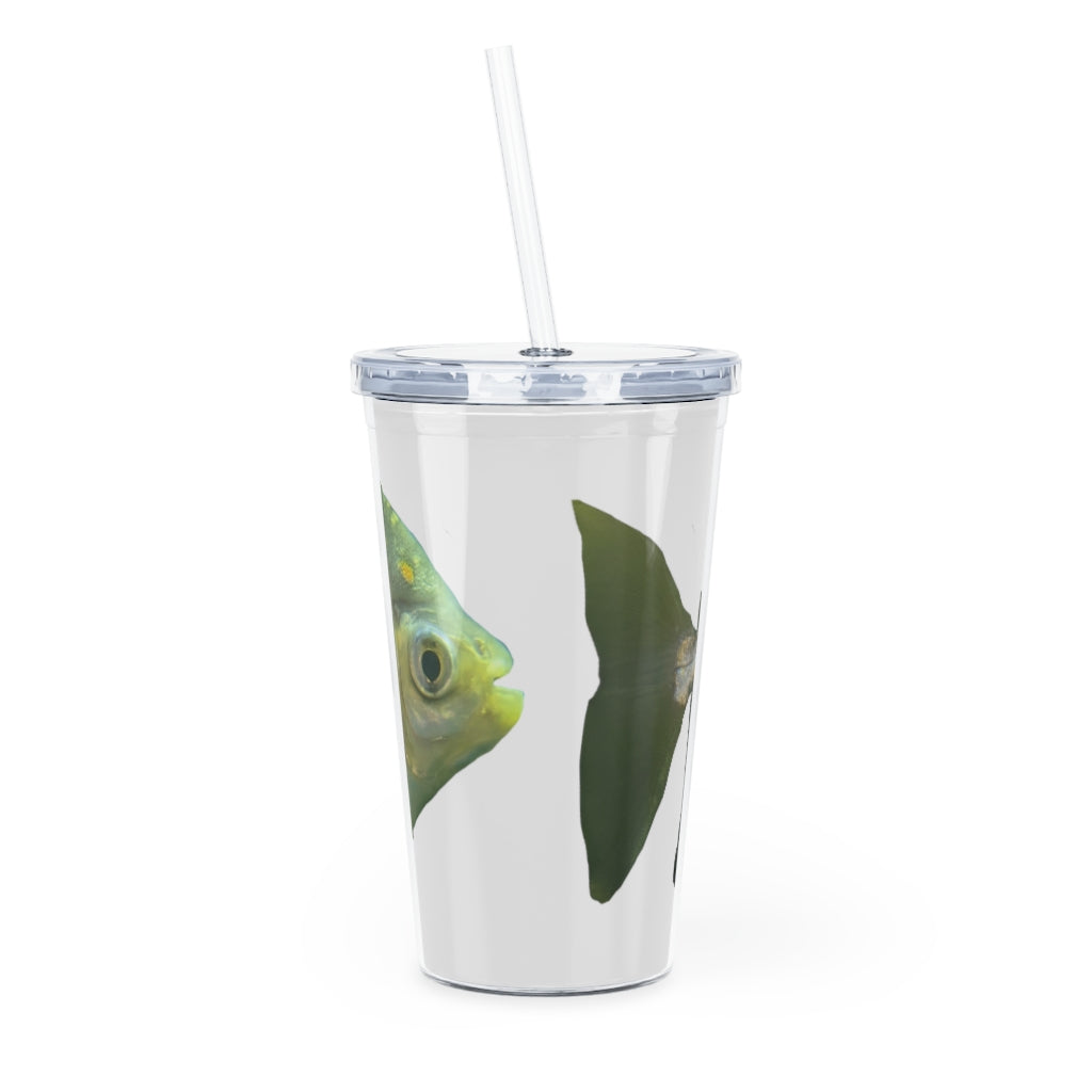 Green Fish Plastic Tumbler with Straw, featuring a vibrant design and a convenient lid and straw for easy drinking.