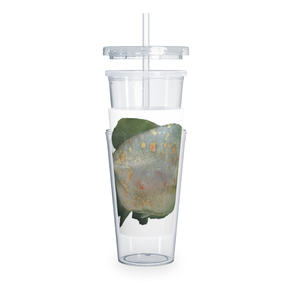 Green Fish Plastic Tumbler with Straw, featuring a vibrant design and a convenient lid and straw for easy drinking.