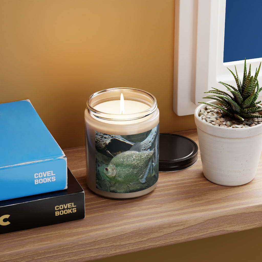 Green Fish with Specs Scented Candle in a glass container, showcasing its elegant design and soothing aroma.