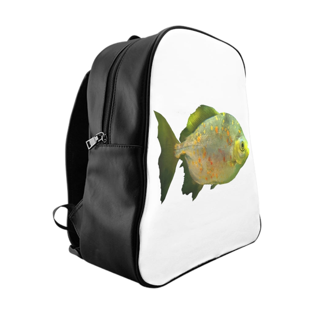 Green Fish with Specs School Backpack featuring a unique design, padded back, and multiple inside pockets.