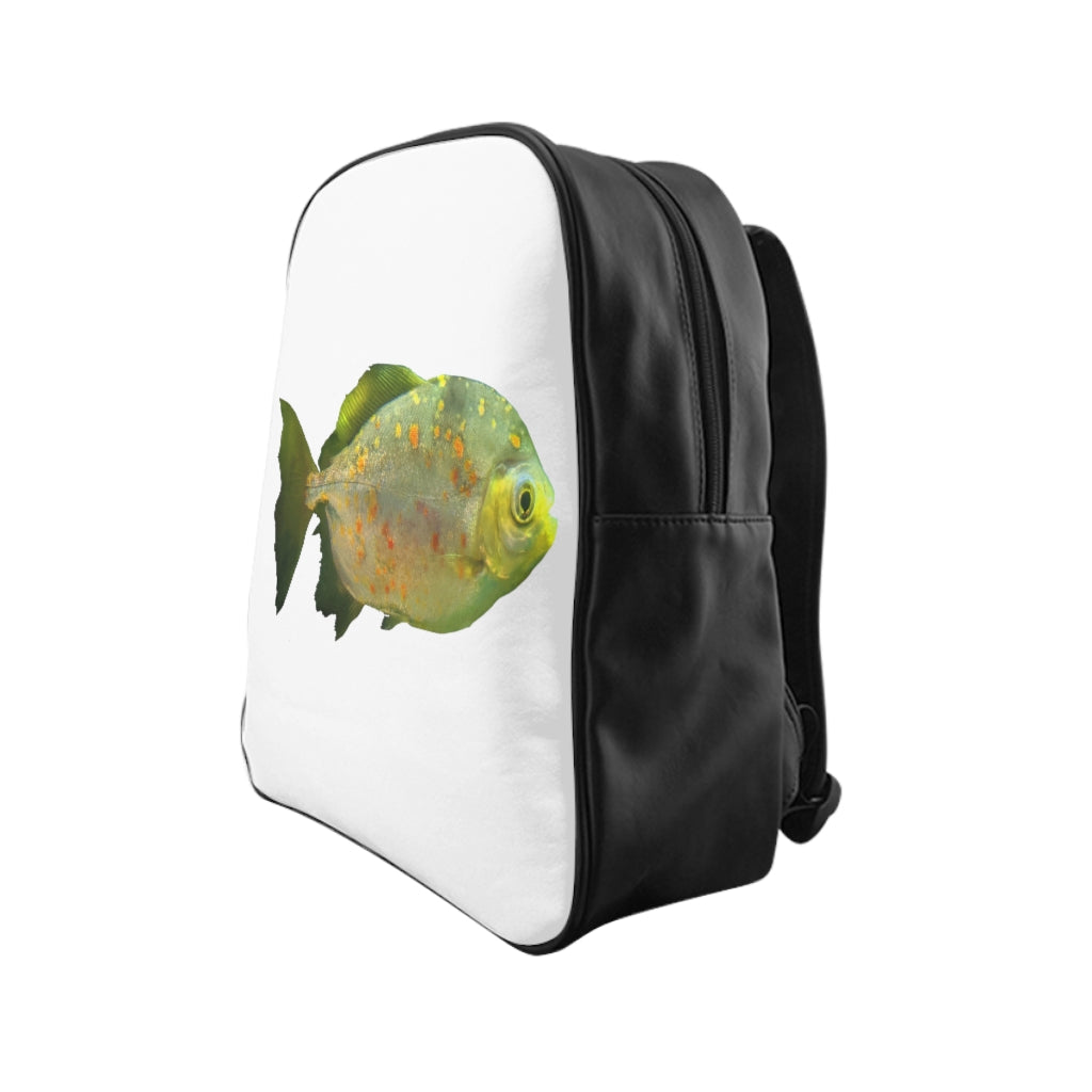 Green Fish with Specs School Backpack featuring a unique design, padded back, and multiple inside pockets.