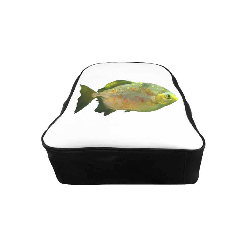 Green Fish with Specs School Backpack featuring a unique design, padded back, and multiple inside pockets.