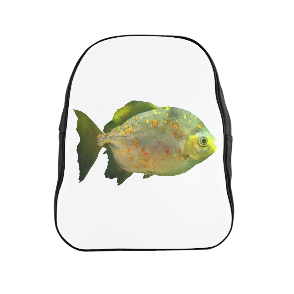 Green Fish with Specs School Backpack featuring a unique design, padded back, and multiple inside pockets.