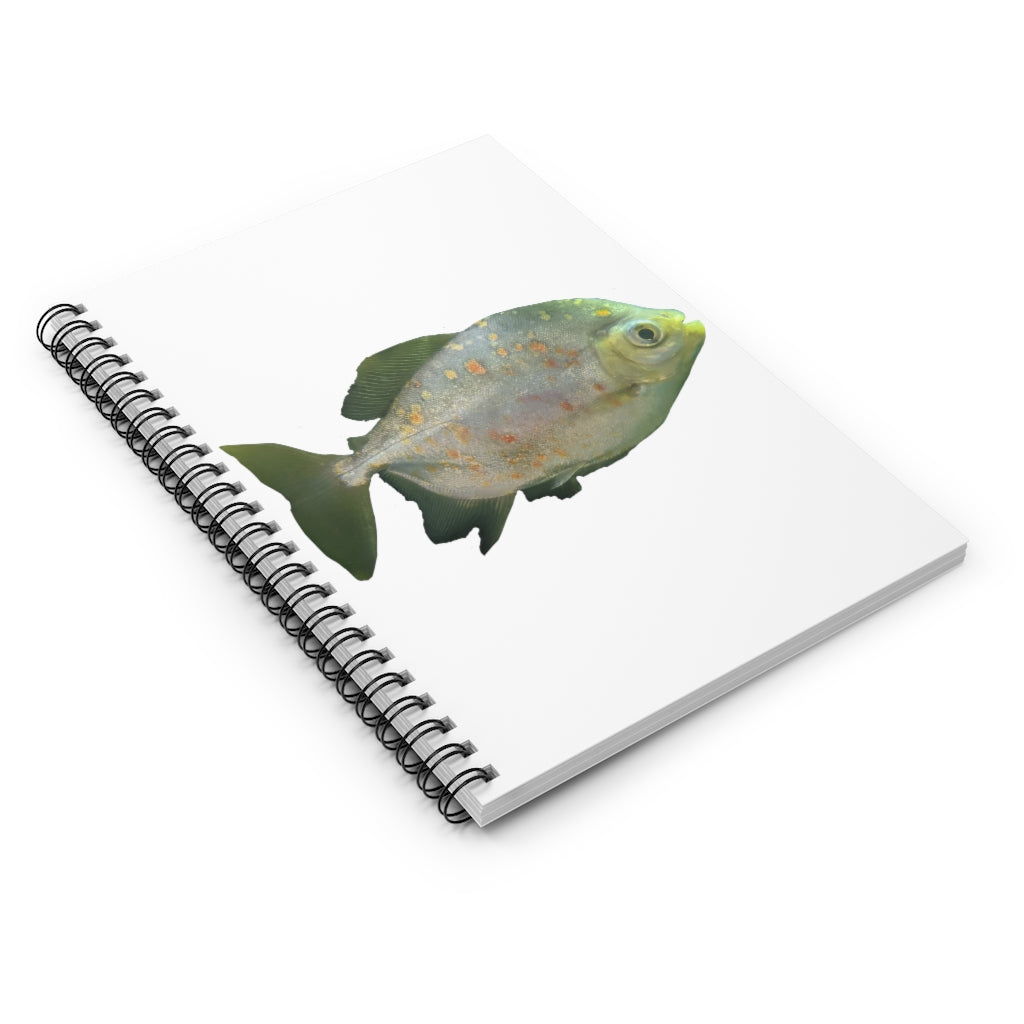 A spiral notebook featuring a green fish with specs design on the front cover, showcasing ruled line pages and a black back cover.
