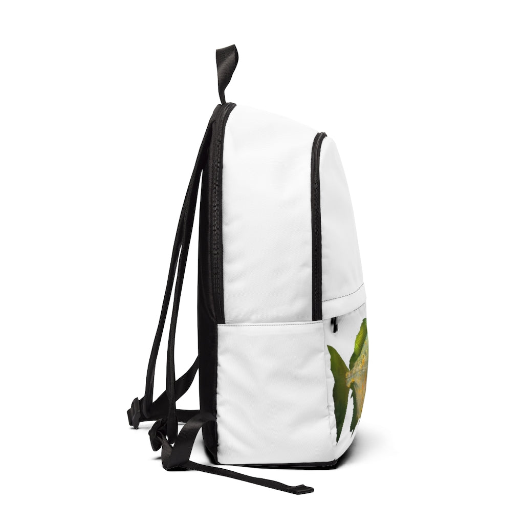 Stylish green fish design unisex fabric backpack with adjustable straps and padded back panel, perfect for school and outdoor use.