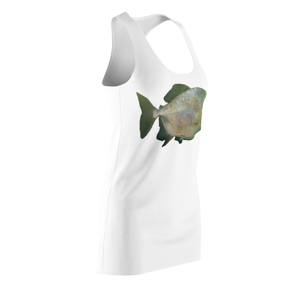 A stylish Green Fish with Specs Women's Racerback Dress showcasing a unique design and sporty fit, perfect for casual outings.