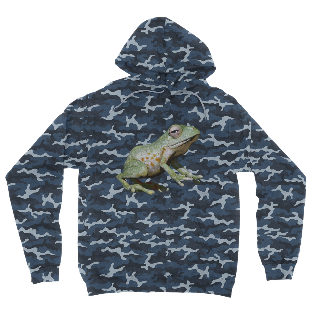 Green Frog Camouflage Adult Hoodie featuring an all-over camo design, double fabric hood, and kangaroo pouch pocket.