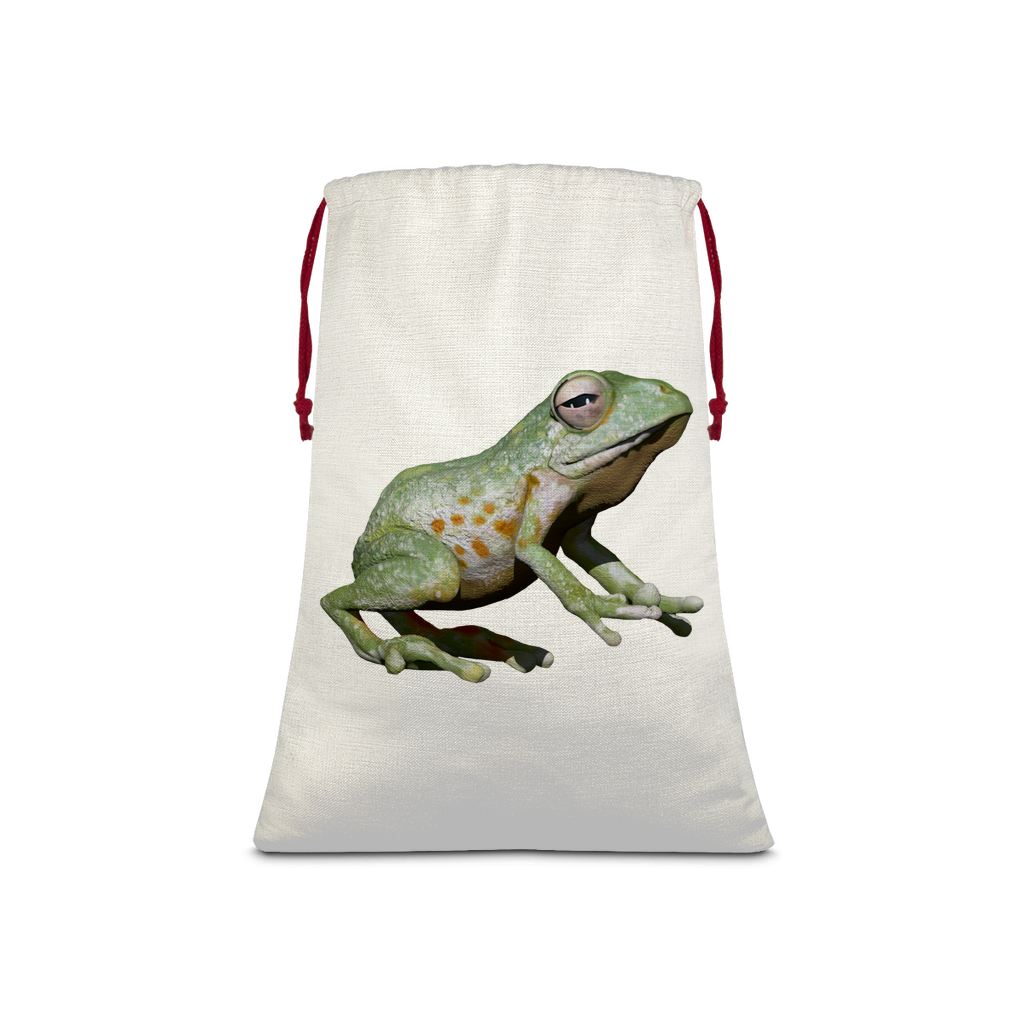 Green Frog Sublimation Linen Drawstring Sack with red drawstring, featuring eco-friendly printed design, perfect for Christmas gifts and laundry.