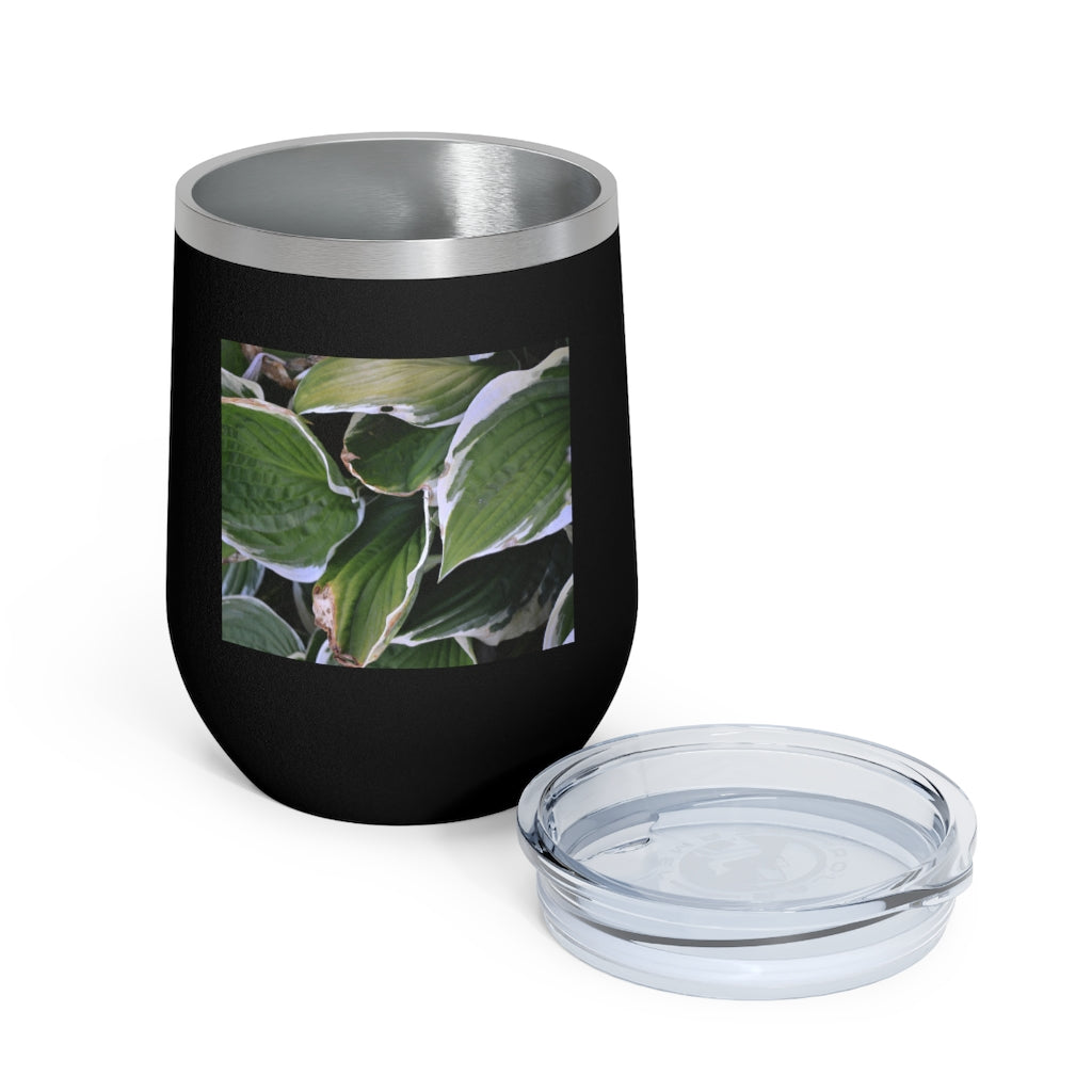 Green Leaves 12oz Insulated Wine Tumbler with clear lid, showcasing vibrant leaf design.