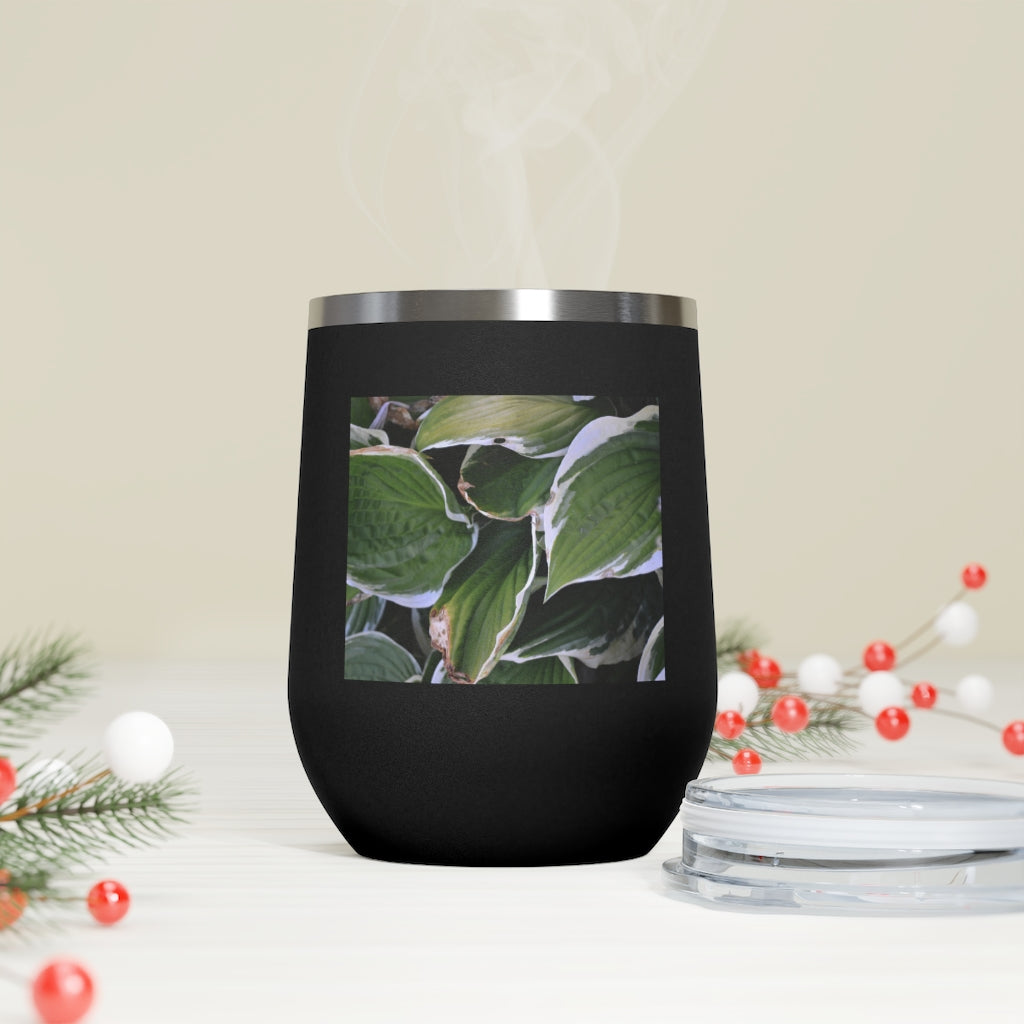 Green Leaves 12oz Insulated Wine Tumbler with clear lid, showcasing vibrant leaf design.