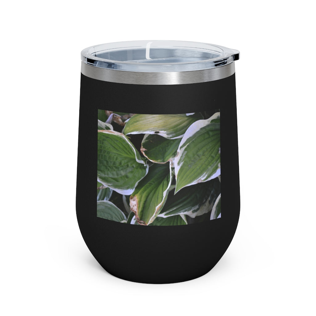 Green Leaves 12oz Insulated Wine Tumbler with clear lid, showcasing vibrant leaf design.