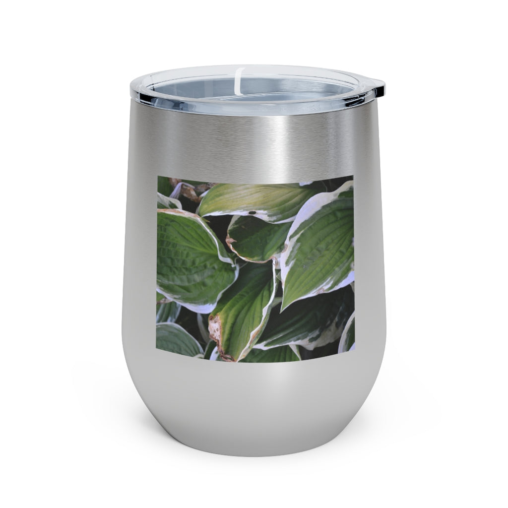 Green Leaves 12oz Insulated Wine Tumbler with clear lid, showcasing vibrant leaf design.