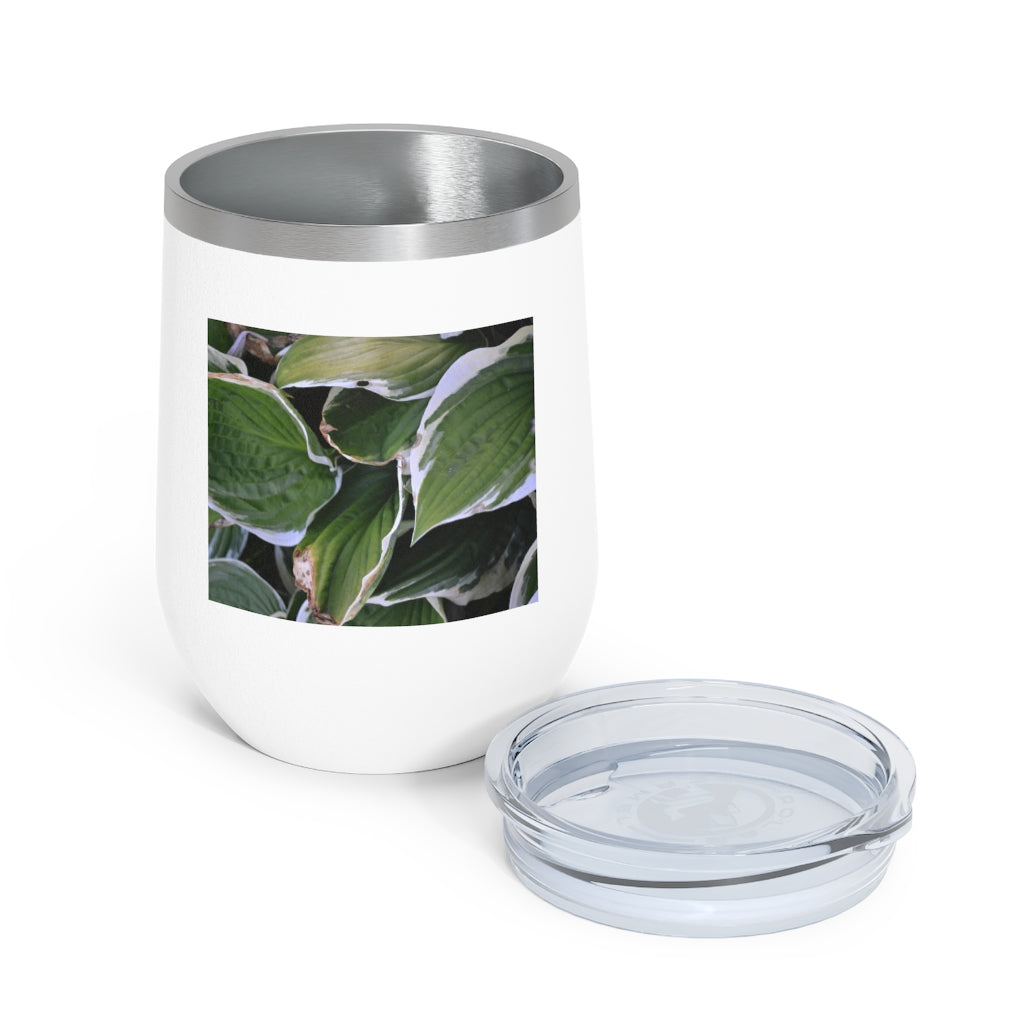 Green Leaves 12oz Insulated Wine Tumbler with clear lid, showcasing vibrant leaf design.