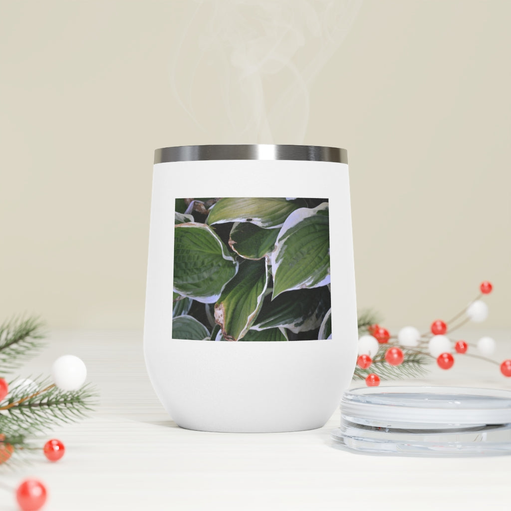 Green Leaves 12oz Insulated Wine Tumbler with clear lid, showcasing vibrant leaf design.