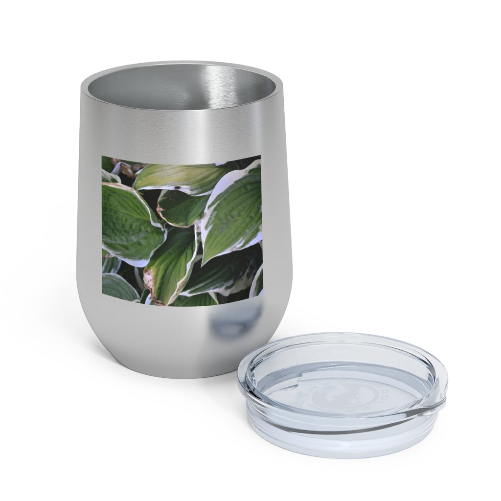 Green Leaves 12oz Insulated Wine Tumbler with clear lid, showcasing vibrant leaf design.