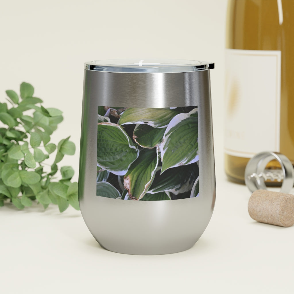 Green Leaves 12oz Insulated Wine Tumbler with clear lid, showcasing vibrant leaf design.