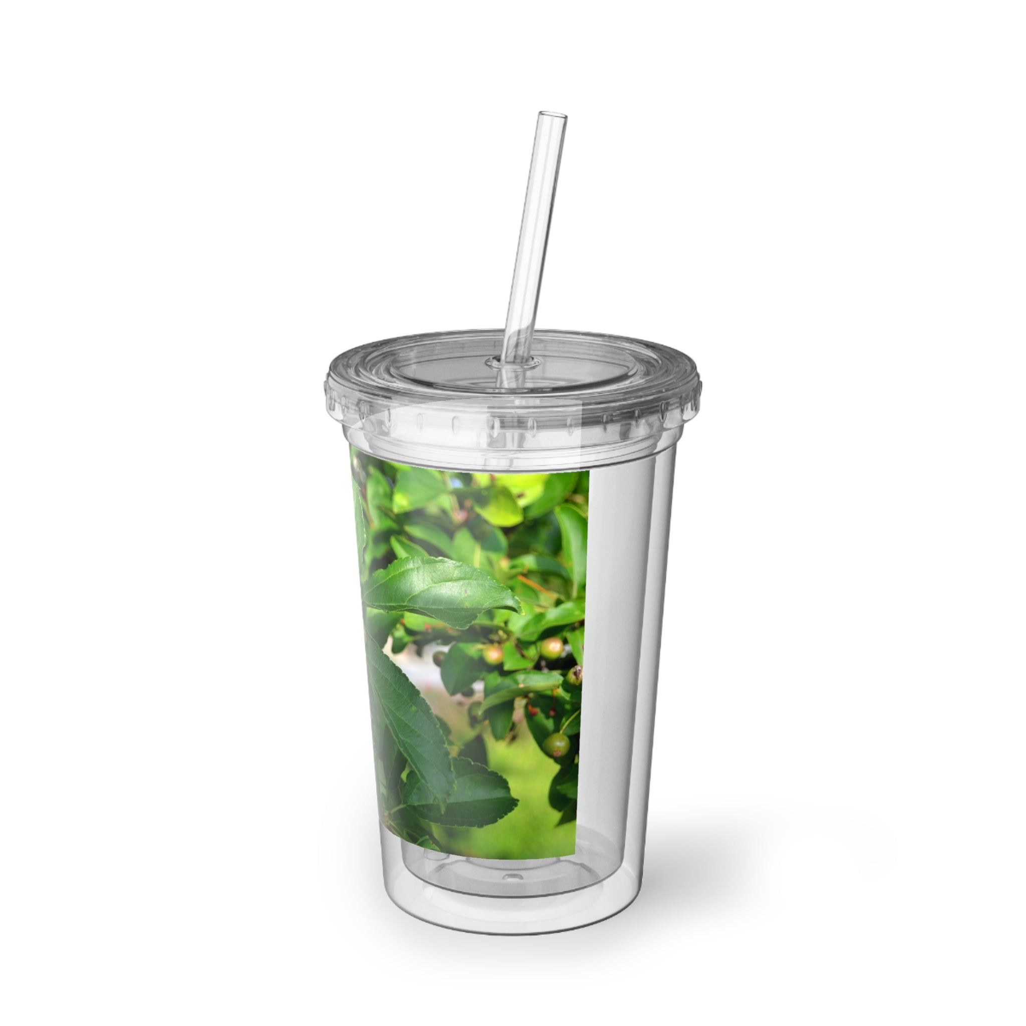 A stylish Green Leaves and Seeds Suave Acrylic Cup with a double-wall design, featuring vibrant green leaf artwork and a matching straw.