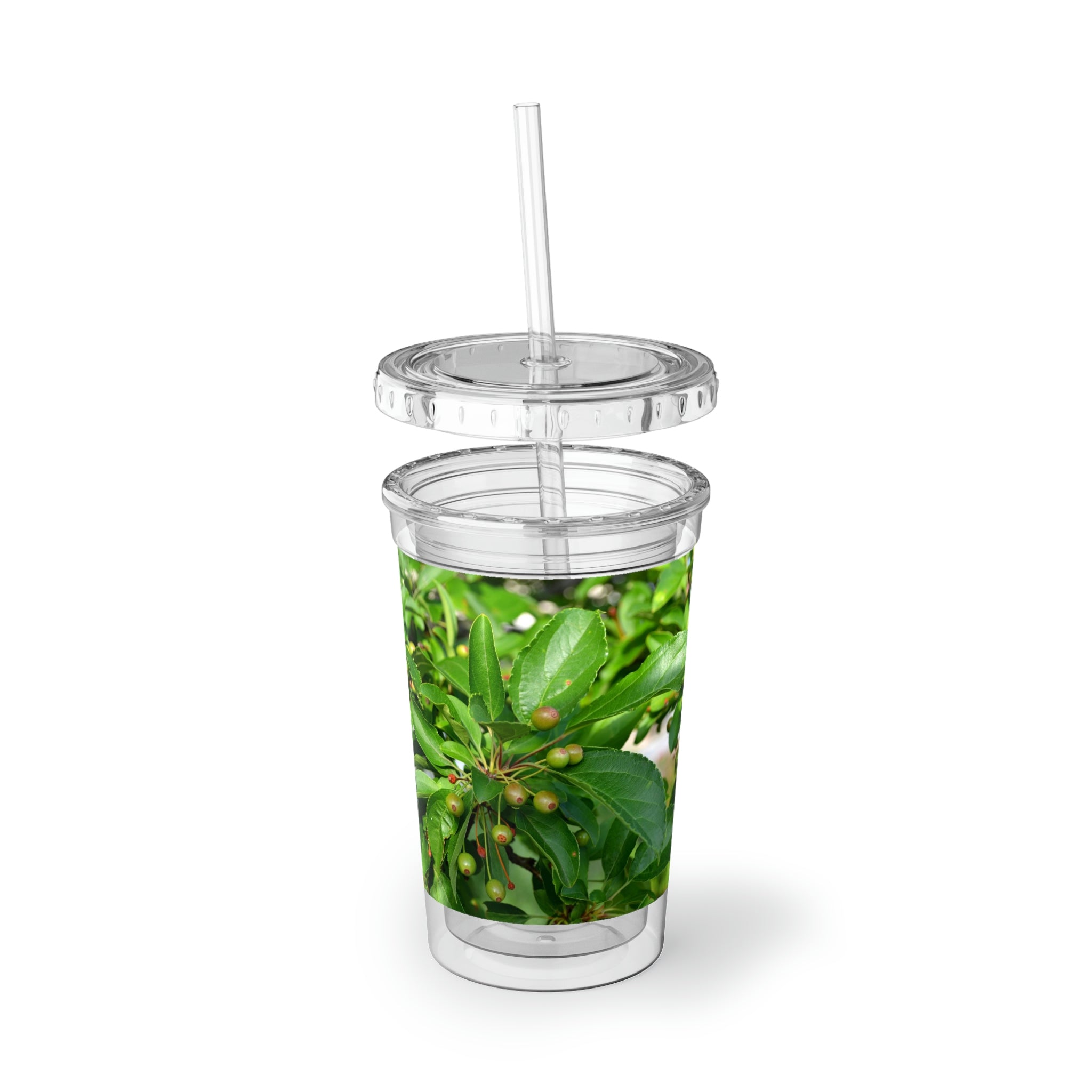 A stylish Green Leaves and Seeds Suave Acrylic Cup with a double-wall design, featuring vibrant green leaf artwork and a matching straw.