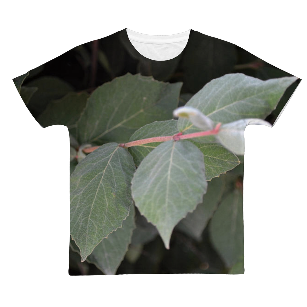 Green Leaves Classic Sublimation Adult T-Shirt made from 100% polyester, featuring a soft cotton-like feel and vibrant sublimation printing design.