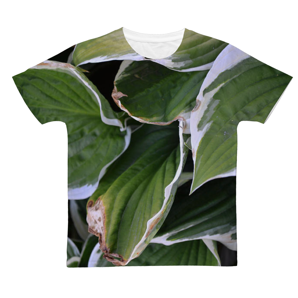 Green Leaves Classic Sublimation Adult T-Shirt featuring vibrant green leaf designs on a soft polyester fabric.