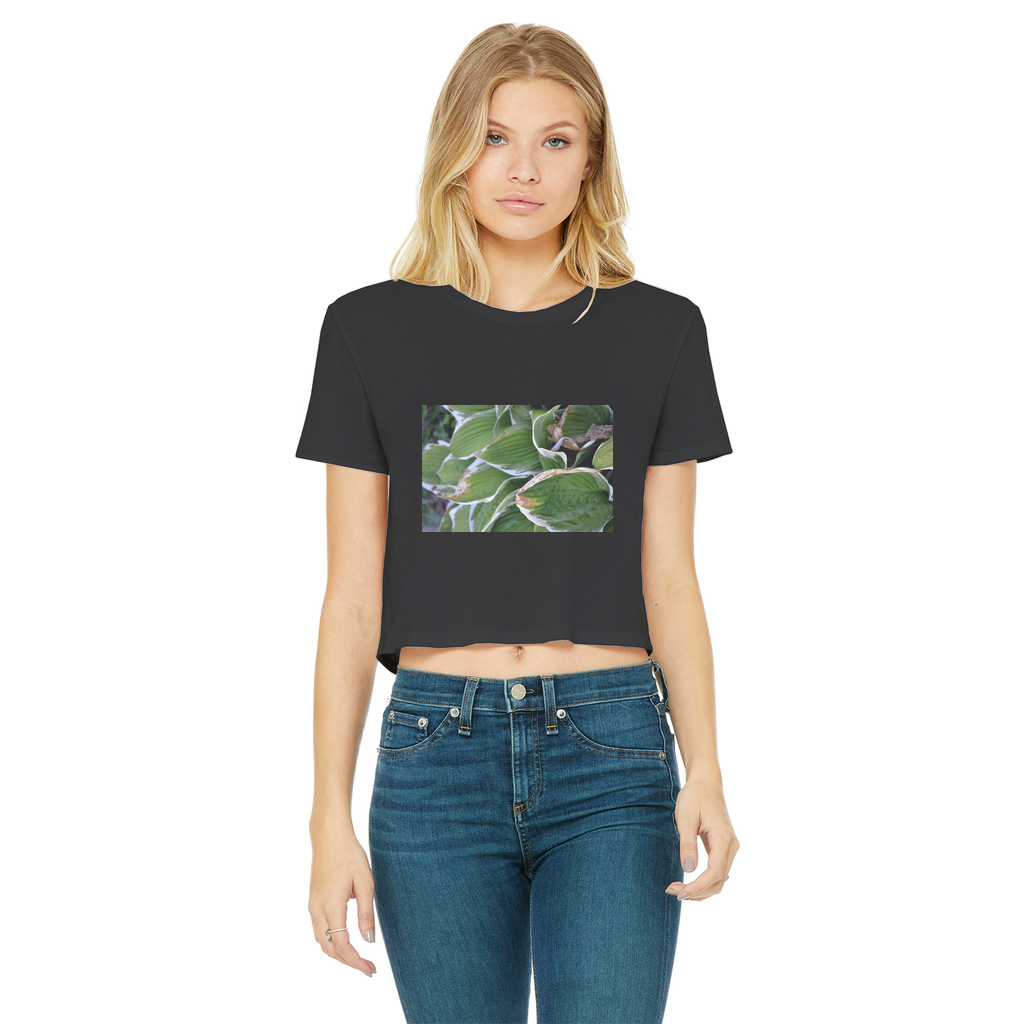 Green Leaves Classic Women's Cropped Raw Edge T-Shirt featuring a round neck, short sleeves, and a raw edge cut hem in a vibrant color.