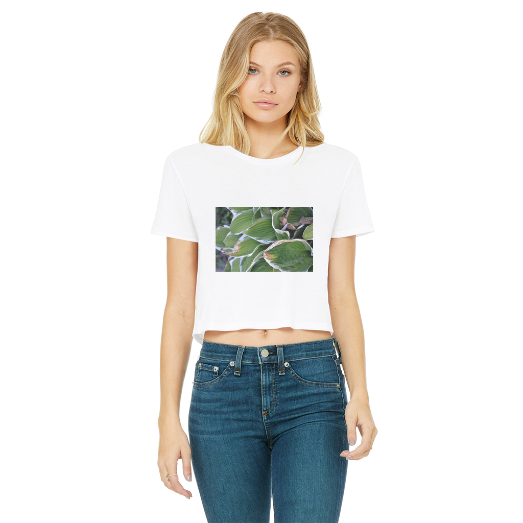 Green Leaves Classic Women's Cropped Raw Edge T-Shirt featuring a round neck, short sleeves, and a raw edge cut hem in a vibrant color.