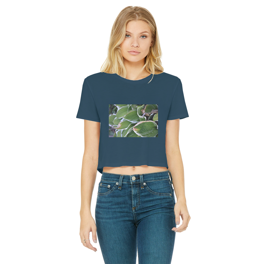 Green Leaves Classic Women's Cropped Raw Edge T-Shirt featuring a round neck, short sleeves, and a raw edge cut hem in a vibrant color.