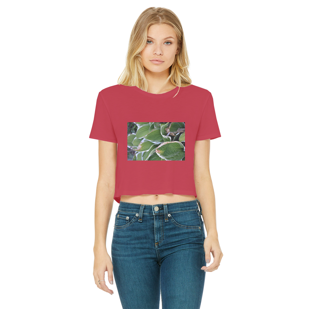 Green Leaves Classic Women's Cropped Raw Edge T-Shirt featuring a round neck, short sleeves, and a raw edge cut hem in a vibrant color.