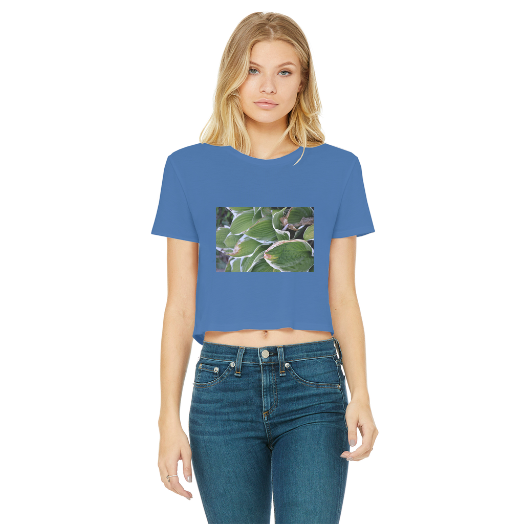 Green Leaves Classic Women's Cropped Raw Edge T-Shirt featuring a round neck, short sleeves, and a raw edge cut hem in a vibrant color.