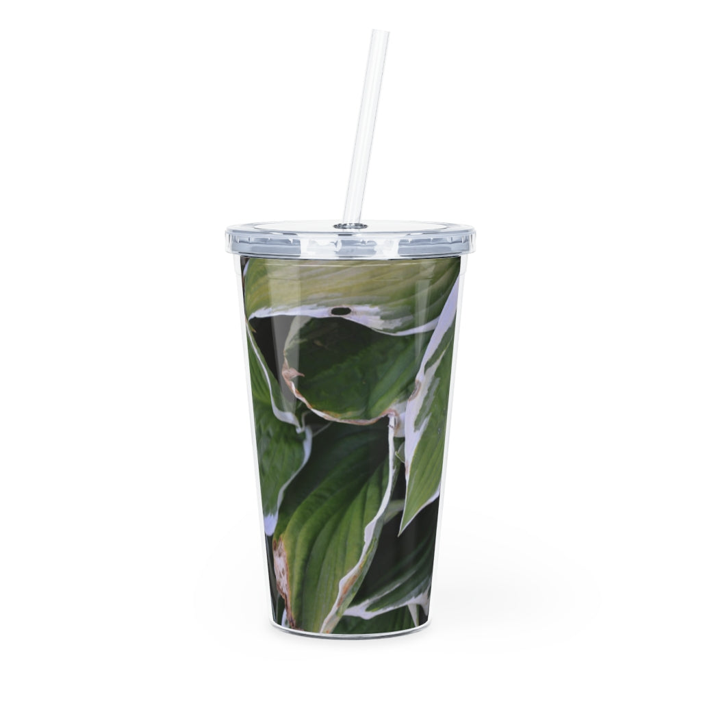 Green Leaves Plastic Tumbler with Straw, featuring a vibrant leaf design and a lid with a reusable straw.