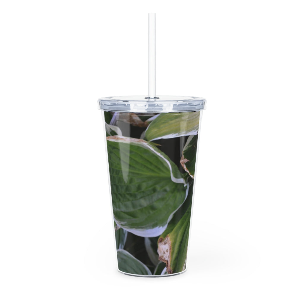 Green Leaves Plastic Tumbler with Straw, featuring a vibrant leaf design and a lid with a reusable straw.