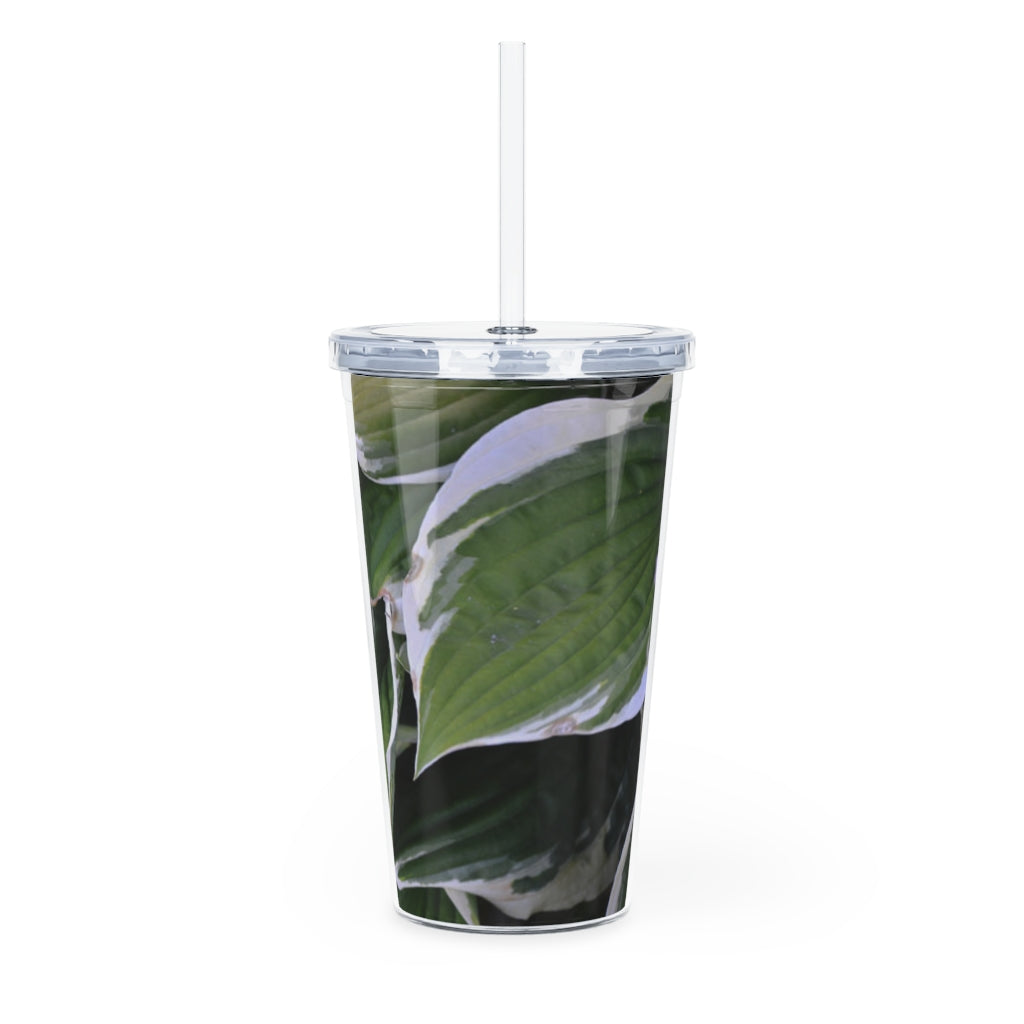 Green Leaves Plastic Tumbler with Straw, featuring a vibrant leaf design and a lid with a reusable straw.